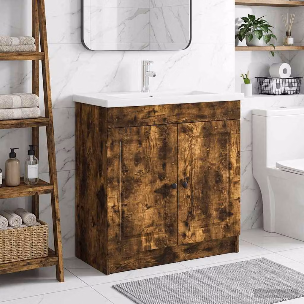 vidaXL Mobiletto da bagno sotto il lavello Rovere Fumo con ante a battente e ripiani interni, L/P/H: 81,0 x 37,5 x 56,0 cm