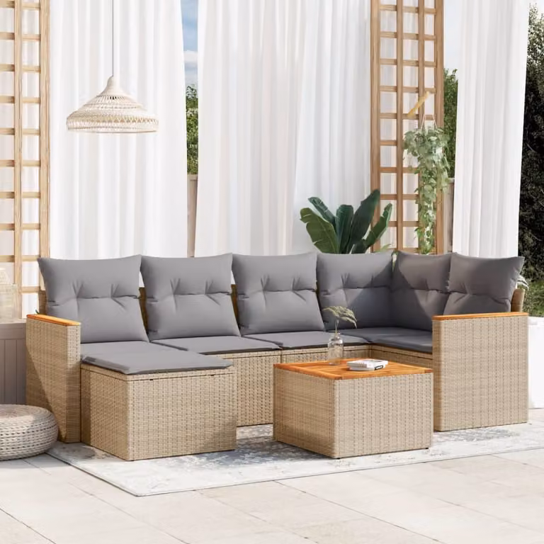 vidaXL Set Divani da Giardino 7 pz in Polyrattan con Cuscini Beige e Tavolino da Esterno