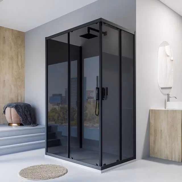Box doccia nero opaco 3 lati 70x90x70cm con doppio scorrevole e vetro 6mm fumè h185cm | Tonga