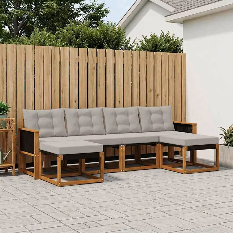 Set di divani da esterno vidaXL a forma di L composto da 6 pezzi in legno di acacia con cuscini in tessuto beige e grigio