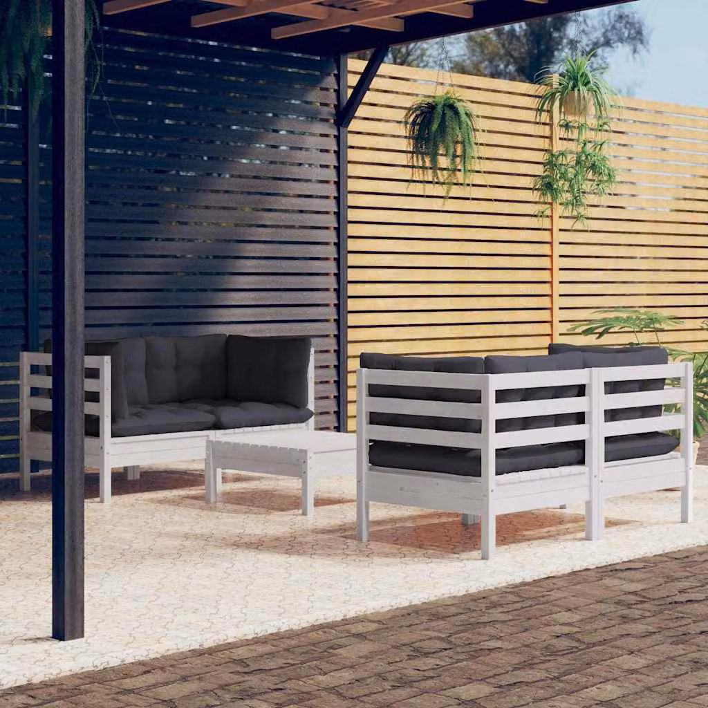 Set Divani da Giardino vidaXL 5 pz a Forma a L con Cuscini Antracite e Bianco in Legno di Pino Trattato