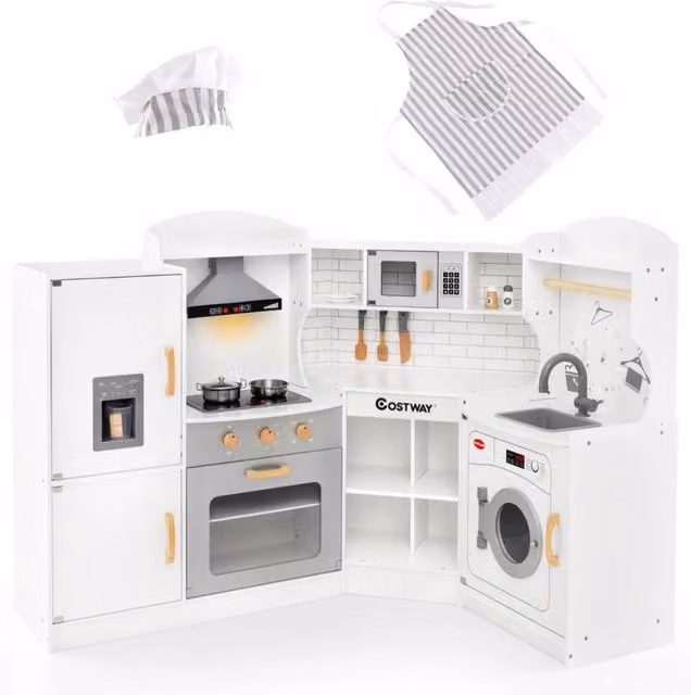 Cucina giocattolo d'angolo Design Mania bianca con macchina del ghiaccio, microonde e forno in legno e plastica per bambini