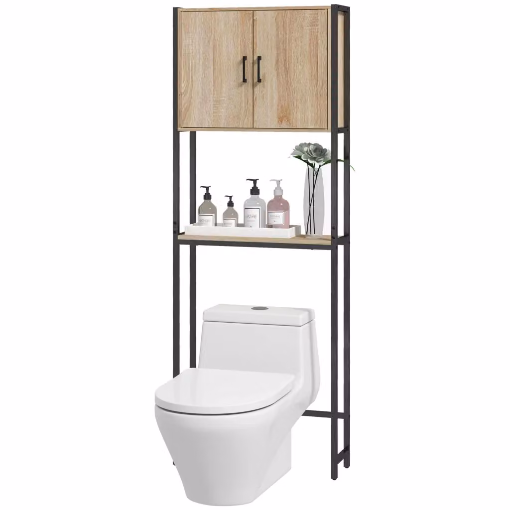 Mobile Salvaspazio Sopra WC Xylo con 2 Ante e Ripiano Regolabile in Legno Naturale Marrone L: 64 cm, P: 19 cm, H: 178 cm – 2