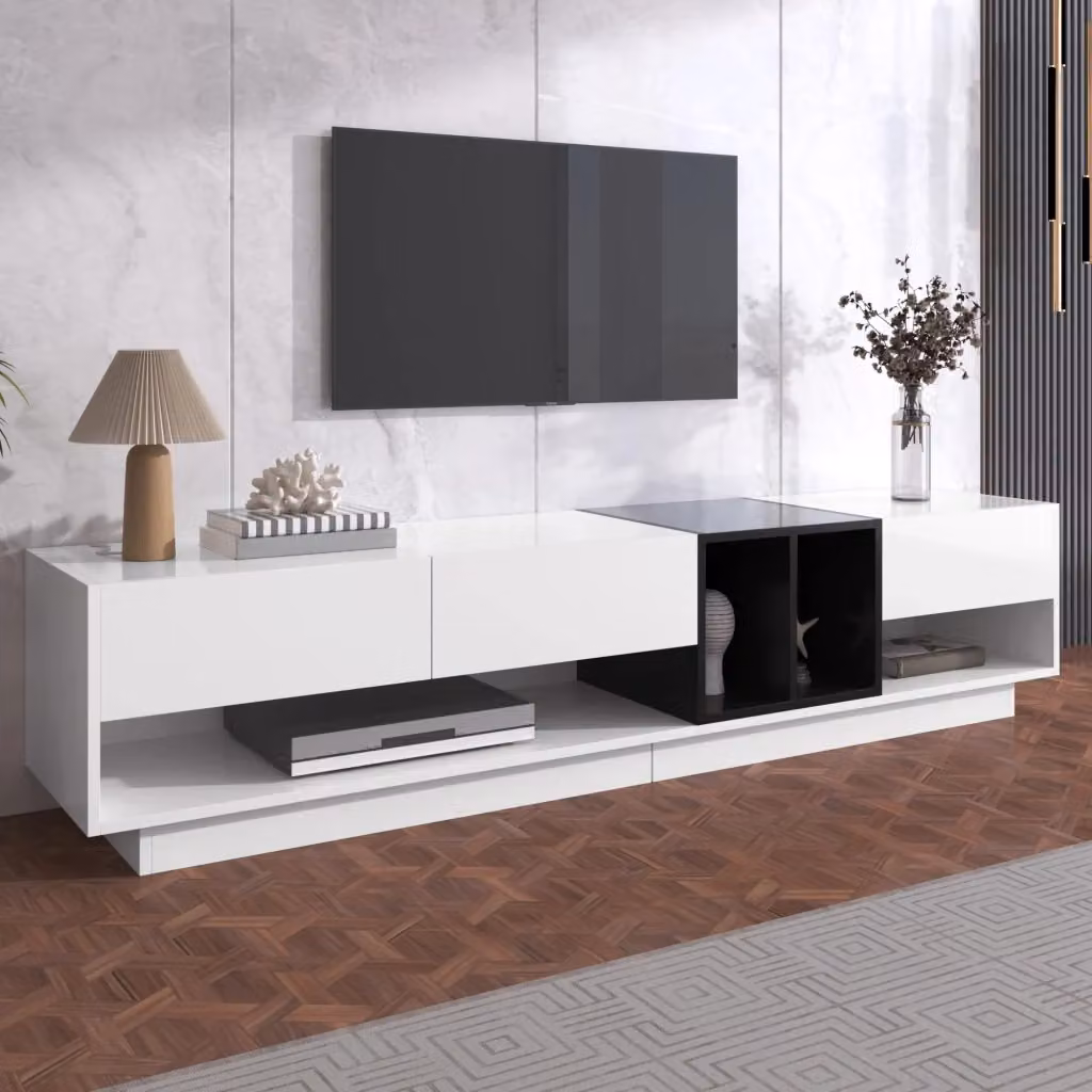 Mobile TV moderno WISHDOR in legno bianco e nero lucido con 3 cassetti e 2 vani aperti L: 190 cm, P: 40 cm, H: 42 cm – 2