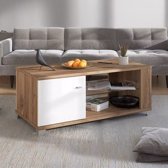 Tavolino da salotto moderno DMORA con piano in vetro, L: 60 cm, P: 118 cm, H: 48.5 cm, colori marrone e bianco – 1