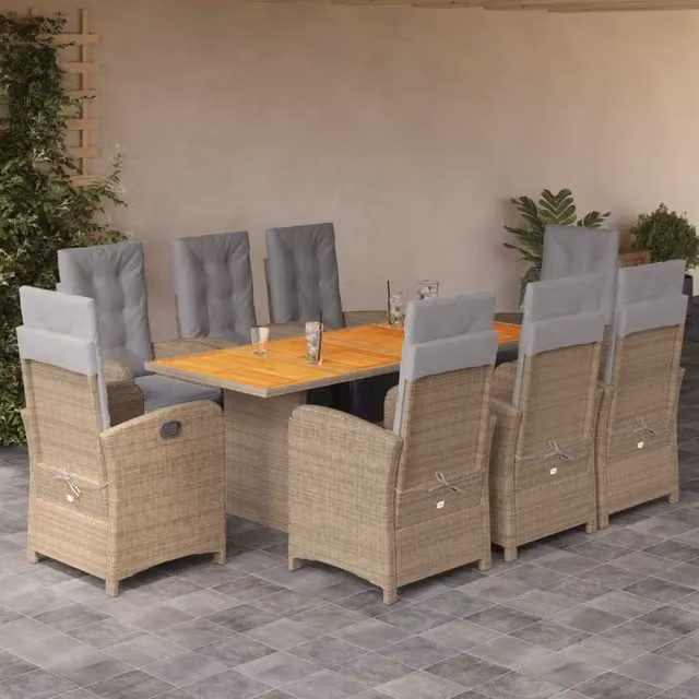 Set da Pranzo da Giardino 9 pz vidaXL in Polyrattan con Cuscini Beige e Grigio e Piano in Legno di Acacia