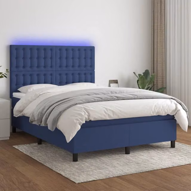 Letto Ibrido con Materasso vidaXL in Tessuto Blu e Bianco con Illuminazione LED Sotto il Letto e Porta USB L/P/H: 140 x 190 x 128 cm