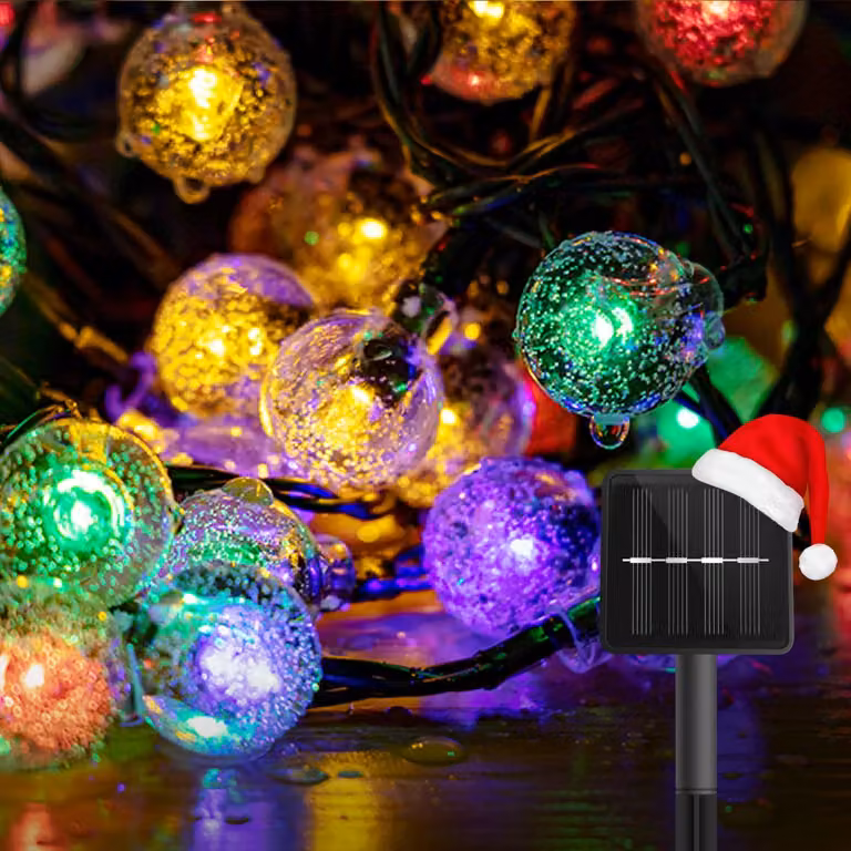 Catena luminosa solare multicolore, 12 metri, con sfere di cristallo, 8 modalità, grado di protezione IP65 (resistente all'acqua)