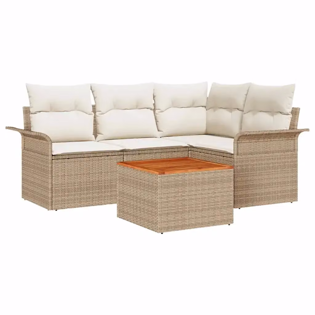 Set Divano da Giardino a L vidaXL 5 Pezzi con Tavolino, Polyrattan e Cuscini Imbottiti, Colore Beige e Bianco – 2