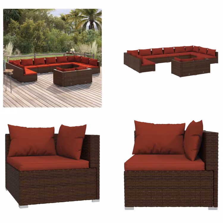 vidaXL 12 pezzi set salotto da giardino con cuscini in poly rattan marrone - set salotto da giardino - set salotto da giardino - set salotto da patio - set divano da giardino