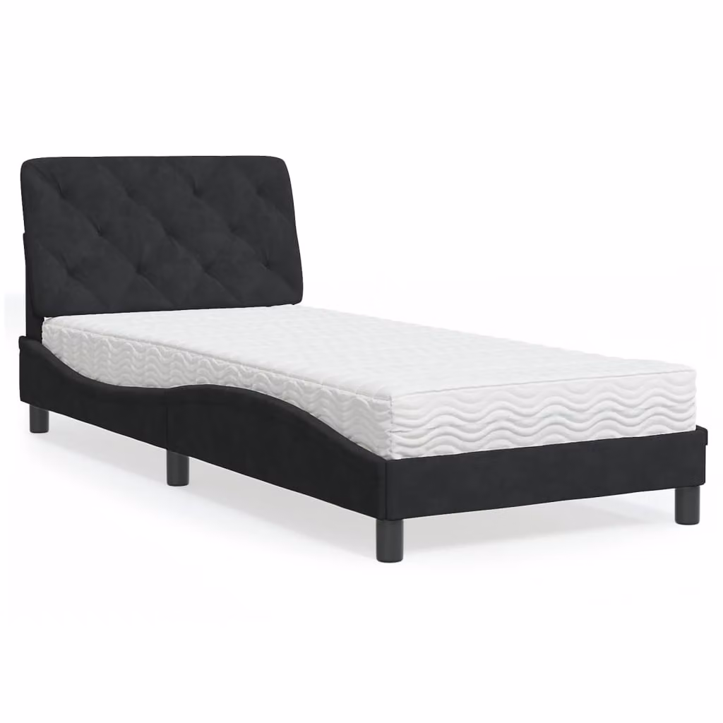 Letto moderno vidaXL in velluto nero con materasso in schiuma, dimensioni 90x200 cm – 1