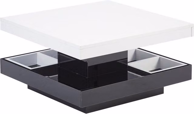 Tavolino da caffè moderno PD1 con piano girevole a 360 e vano portaoggetti a 2 livelli, finitura lucida, L/P/H: 70 x 70 x 36 cm, Bianco e Nero