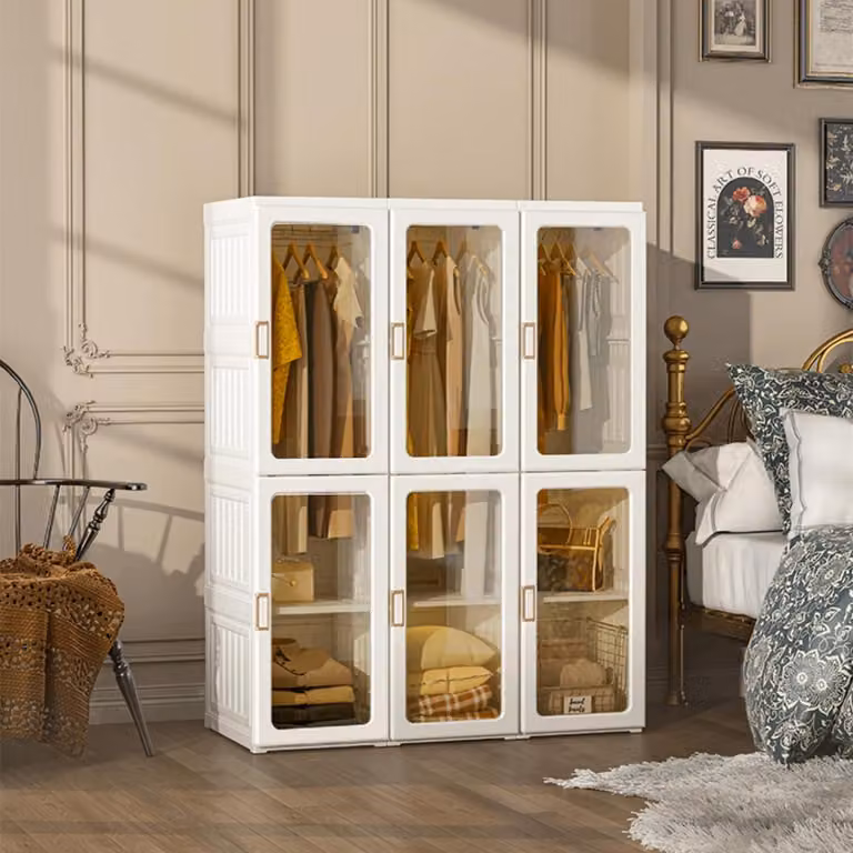 Armadio pieghevole 104x136x50 cm con asta appendiabiti e ante magnetiche, colore marrone trasparente