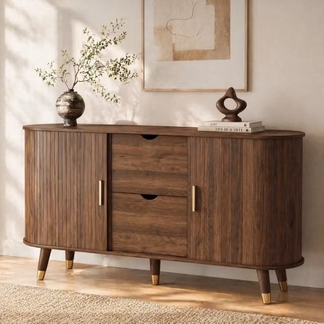 Credenza 140.0x40.0x79.5 cm con due cassetti; ripiani aperti e ante a grana verticale in MDF color noce