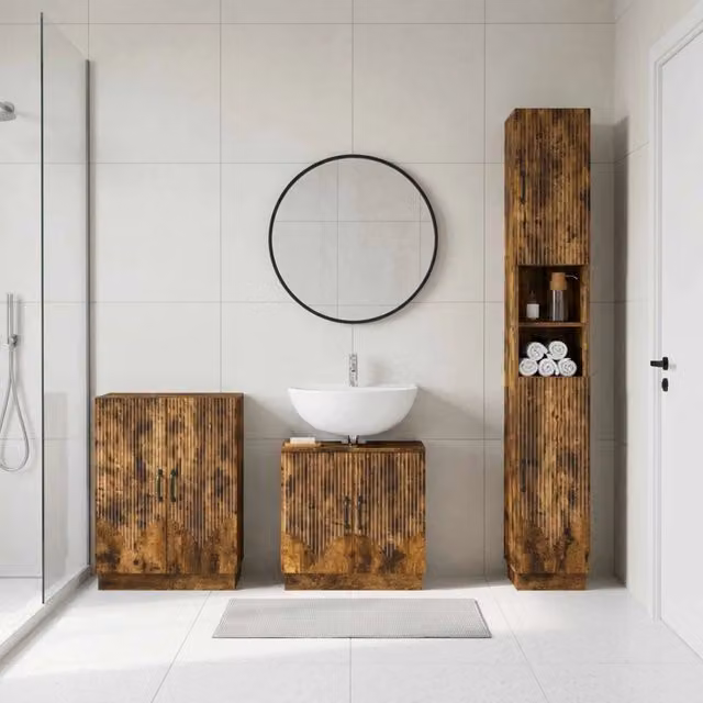 Set di mobili da bagno moderno vidaXL in legno di rovere marrone composto da mobile lavabo, colonna alta e pensile – 1