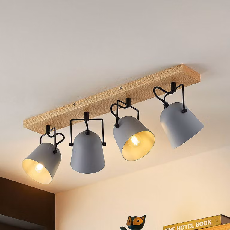 Lindby Adalin plafoniera, 4 luci, grigio Lindby, dimmerabile, Legno chiaro, Soggiorno / Sala da pranzo, Legno, Moderno, Faretto
