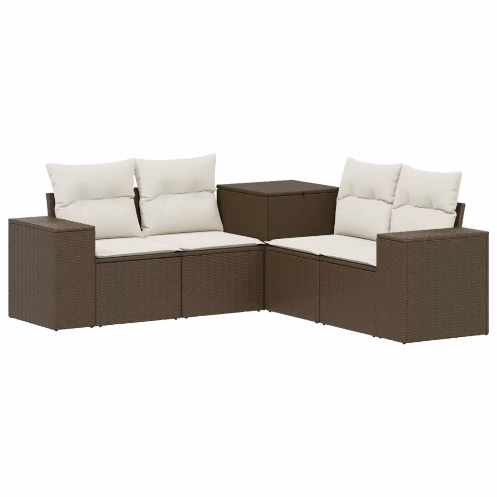 Set di divani da giardino a forma di L con ottomana vidaXL, colore marrone e bianco crema, struttura in acciaio verniciato e rattan con cuscini inclusi – 2