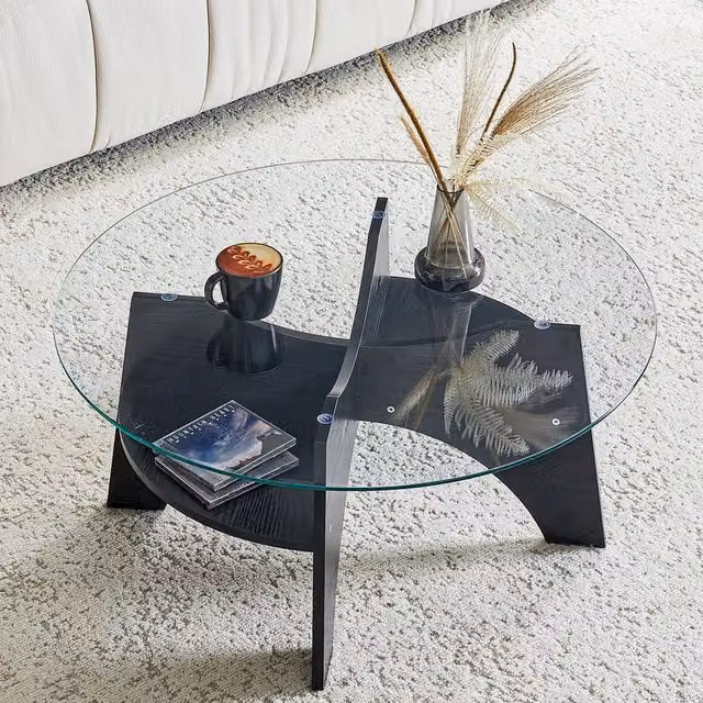 Tavolino Rotondo MINIMAL con Piano in Vetro Temperato Trasparente e Gambe in MDF Nero, Diametro: 80 cm, Altezza: 36 cm