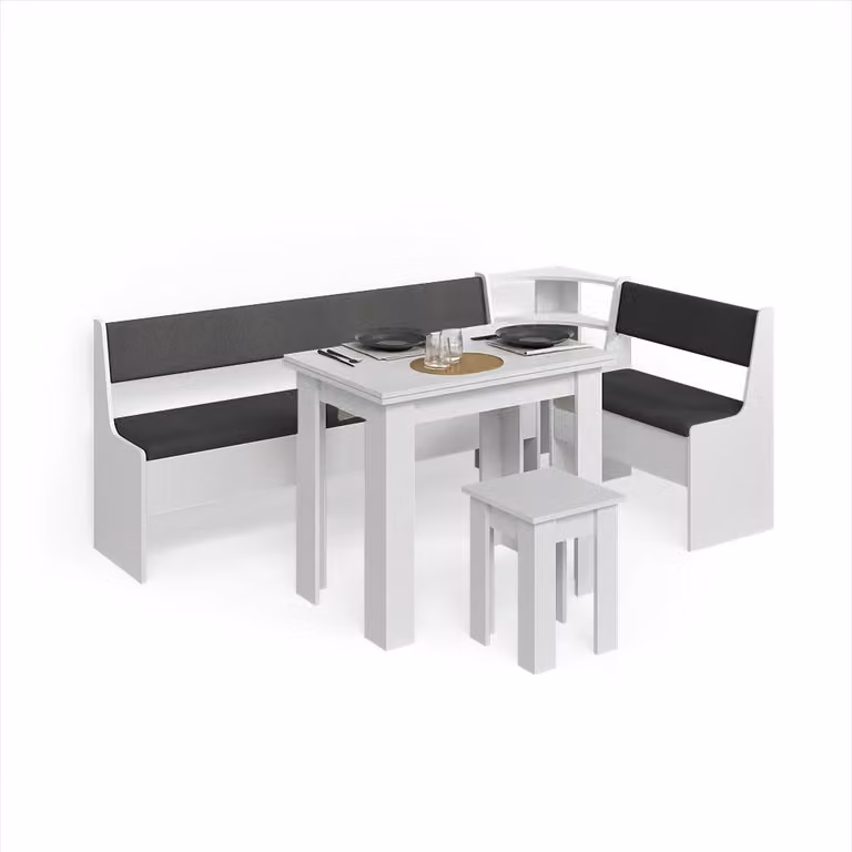 Combinazione di panche e tavolo ad angolo Livinity Tiberio Bianco 210 x 120 cm con tavolo, Model 58770