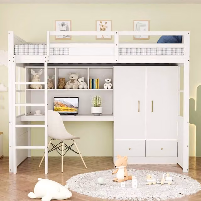 Letto a Soppalco con Scrivania, Armadio e Cassetti ¨C MINIMAL ¨C Singolo 90x200, Bianco