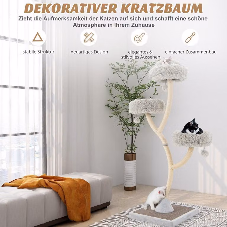 Tiragraffi per gatti da 178 cm con tiragraffi in sisal, 3 superfici calde e palline di peluche grigie