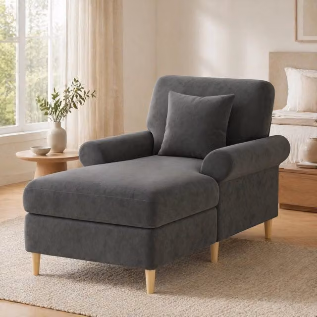 Poltrona relax 133x90x87 cm grigia con cuscino, velluto, schienale alto e poggiapiedi