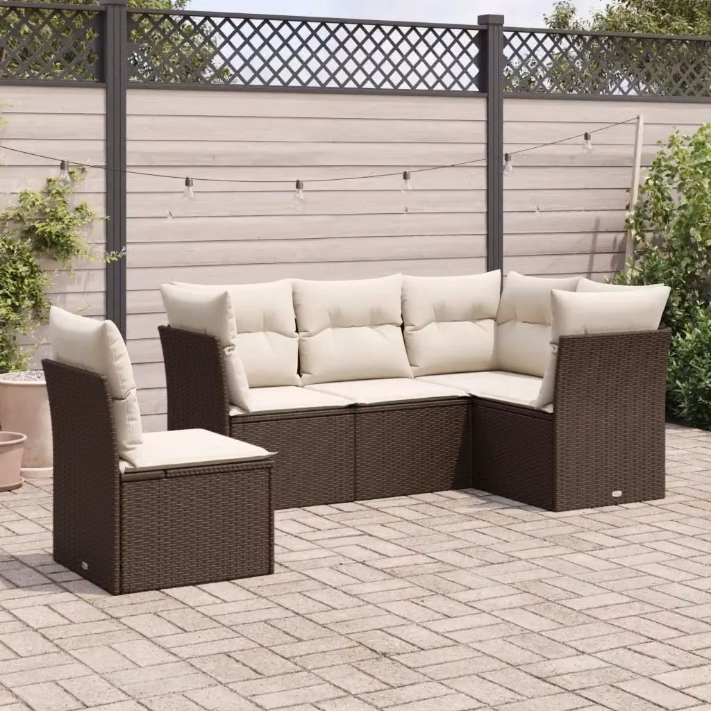 Set Divano da Giardino 5 pz a L con Cuscini in Polyrattan Marrone e Bianco DESIGN IN – 2