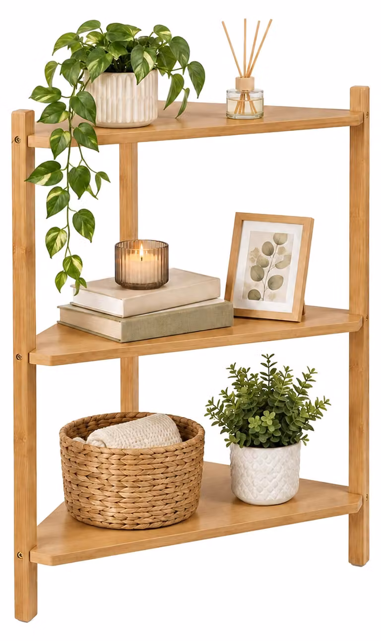 Relaxdays, scaffale angolare, dimensioni: 60 x 46 x 25 cm, 3 ripiani, scaffale autoportante per soggiorno o bagno, materiale: MDF e bambù, colore: naturale