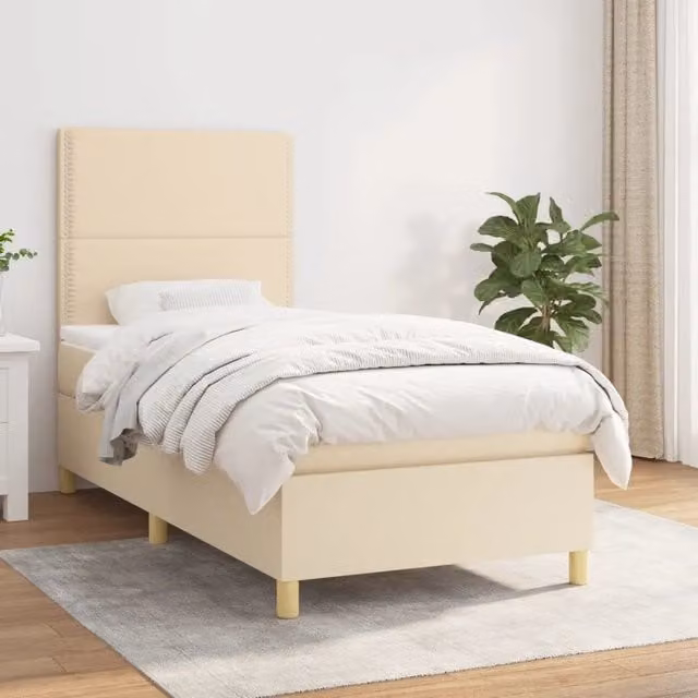 Letto Ibrido vidaXL con Giroletto a Molle e Materasso in Tessuto Beige e Bianco L/P/H: 100 x 200 x 40 cm