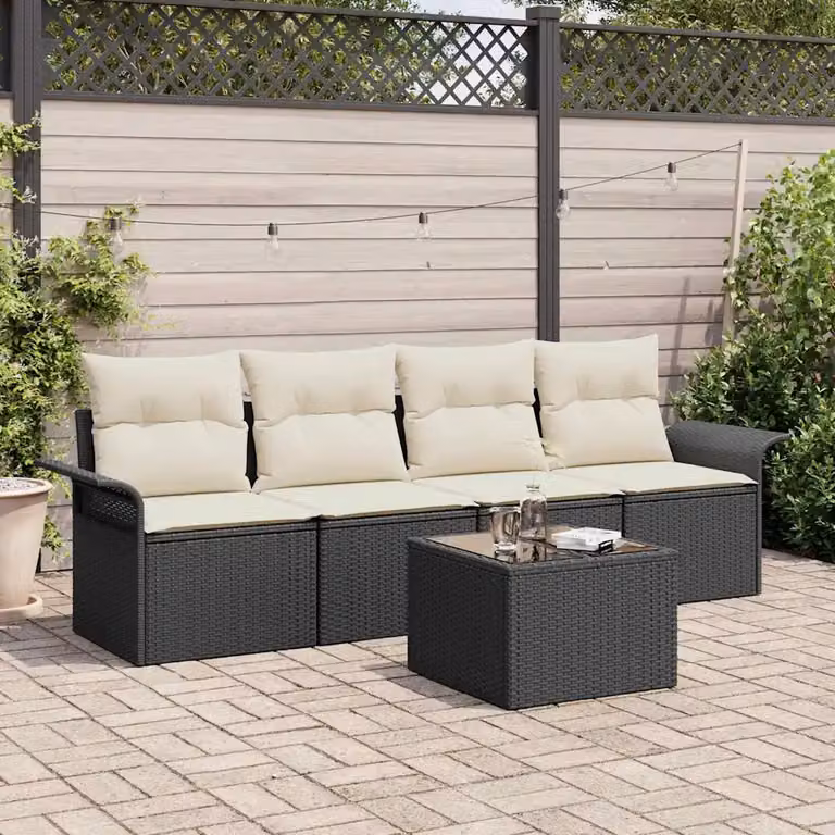 Set di divani da giardino vidaXL in polyrattan nero con cuscini beige e tavolino da esterno
