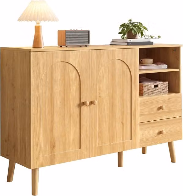 Credenza in MDF con 2 ante, 2 cassetti e vani aperti per soggiorno, sala da pranzo o ingresso, L/P/H: 118 x 35 x 82 cm, beige e marrone