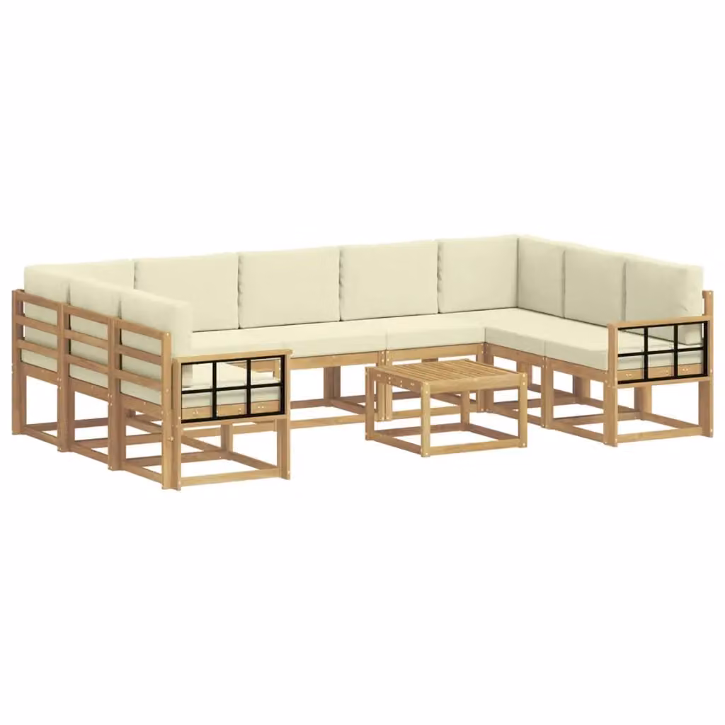 Set di divani da esterno vidaXL a forma di L con tavolo da caffè, composto da 10 pezzi in legno di acacia e tessuto resistente ai raggi UV, colore bianco e beige – 2