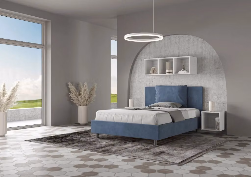 Letto matrimoniale francese BS COM con rete imbottita in microfibra blu L/P/H: 140 x 210 x 110 cm – 2
