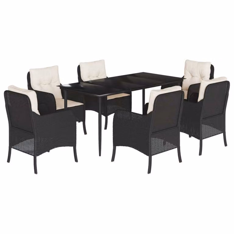 Set da Pranzo da Giardino 7 pz Nero con Cuscini in Polyrattan