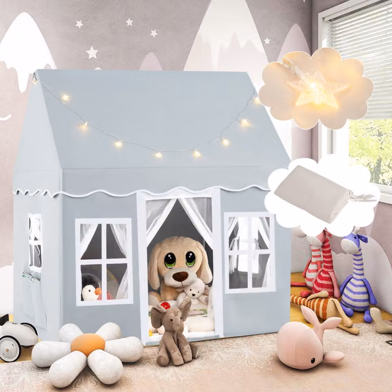 Tenda da gioco Costway per bambini con luci a stella e tappetino in velluto lavabile, casetta per interni ed esterni, Grigio