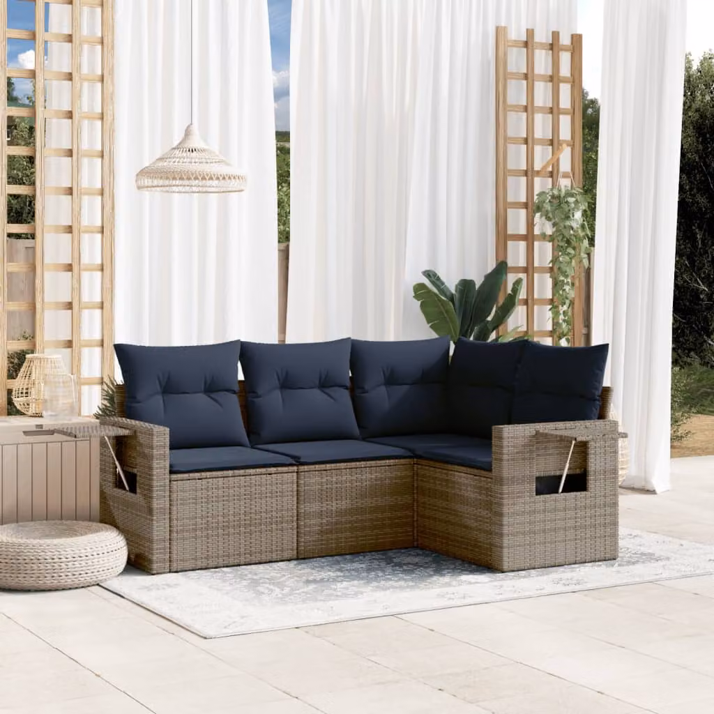 Set di divani da giardino vidaXL a forma di L in rattan con cuscini grigi e struttura in metallo resistente ai raggi UV