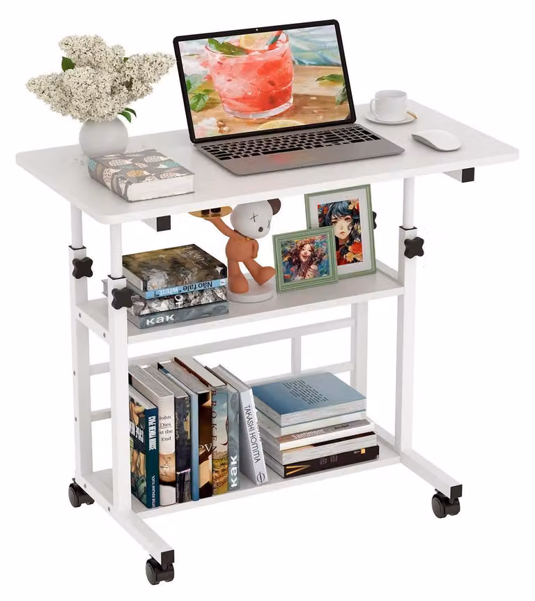 Scrivania regolabile in altezza, dimensioni 80x40 cm, con ruote, colore bianco