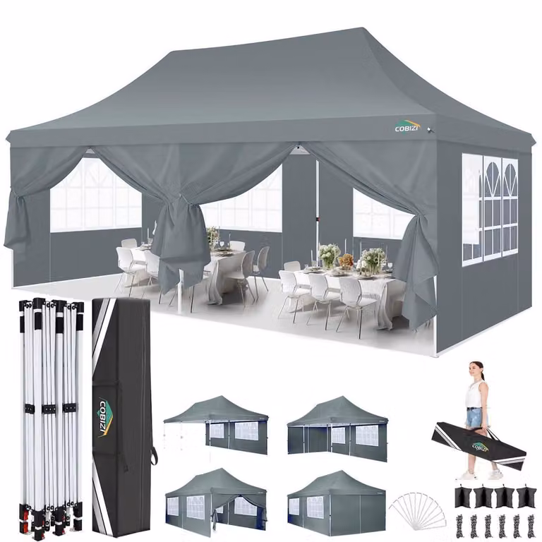 Tenda da campeggio 3x6 metri, impermeabile, con protezione UV50+, colore grigio, dotata di 6 pareti laterali, realizzata in tessuto Oxford 420D con rivestimento PU1500mm