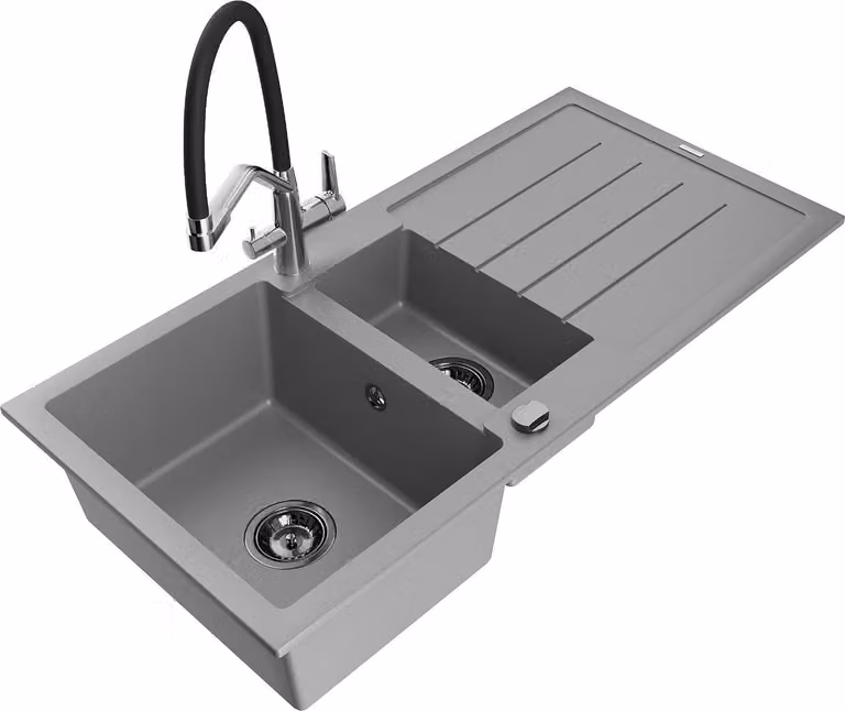 Mexen Andres lavello in granito 1,5 vasche con scolapiatti e rubinetto da cucina Duo, grigio - 6515-71-671701-07-B