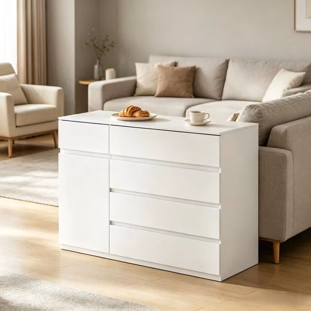 Credenza 100x40x80 cm con 5 cassetti e vano contenitore in truciolare bianco
