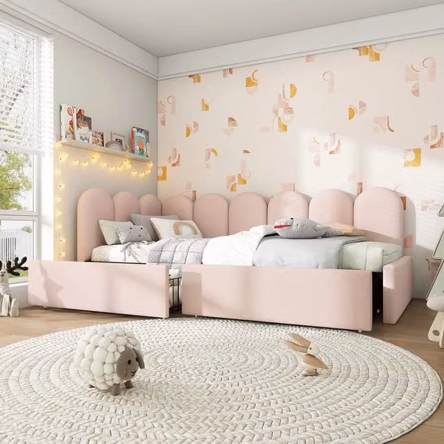 Letto Singolo Imbottito con Cassetti ¨C MINIMAL ¨C Velluto Rosa 90x190