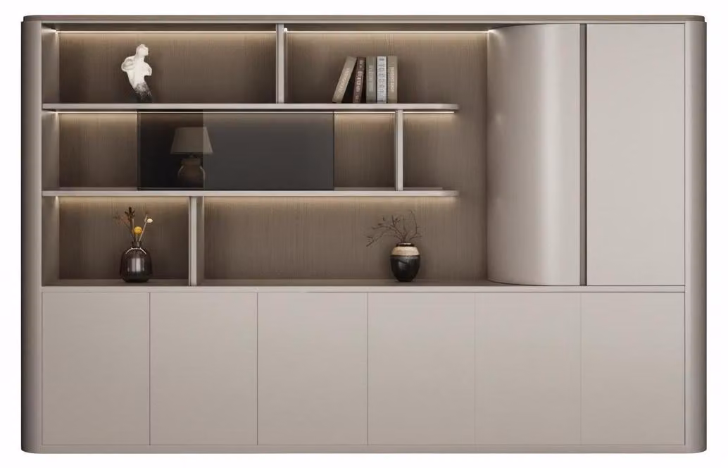 Moderno armadio da ufficio con ripiani aperti e un'illuminazione elegante