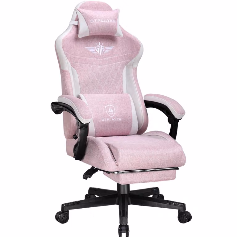 Sedia da gioco GTPLAYER, sedia da gioco ergonomica in lino con supporto lombare, sedia per PC con schienale allargato, portata fino a 150 kg, rosa