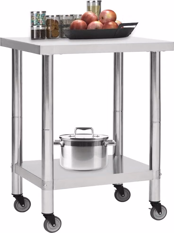 Tavolo da Lavoro Cucina con Ruote 80x45x85 cm in Acciaio Inox