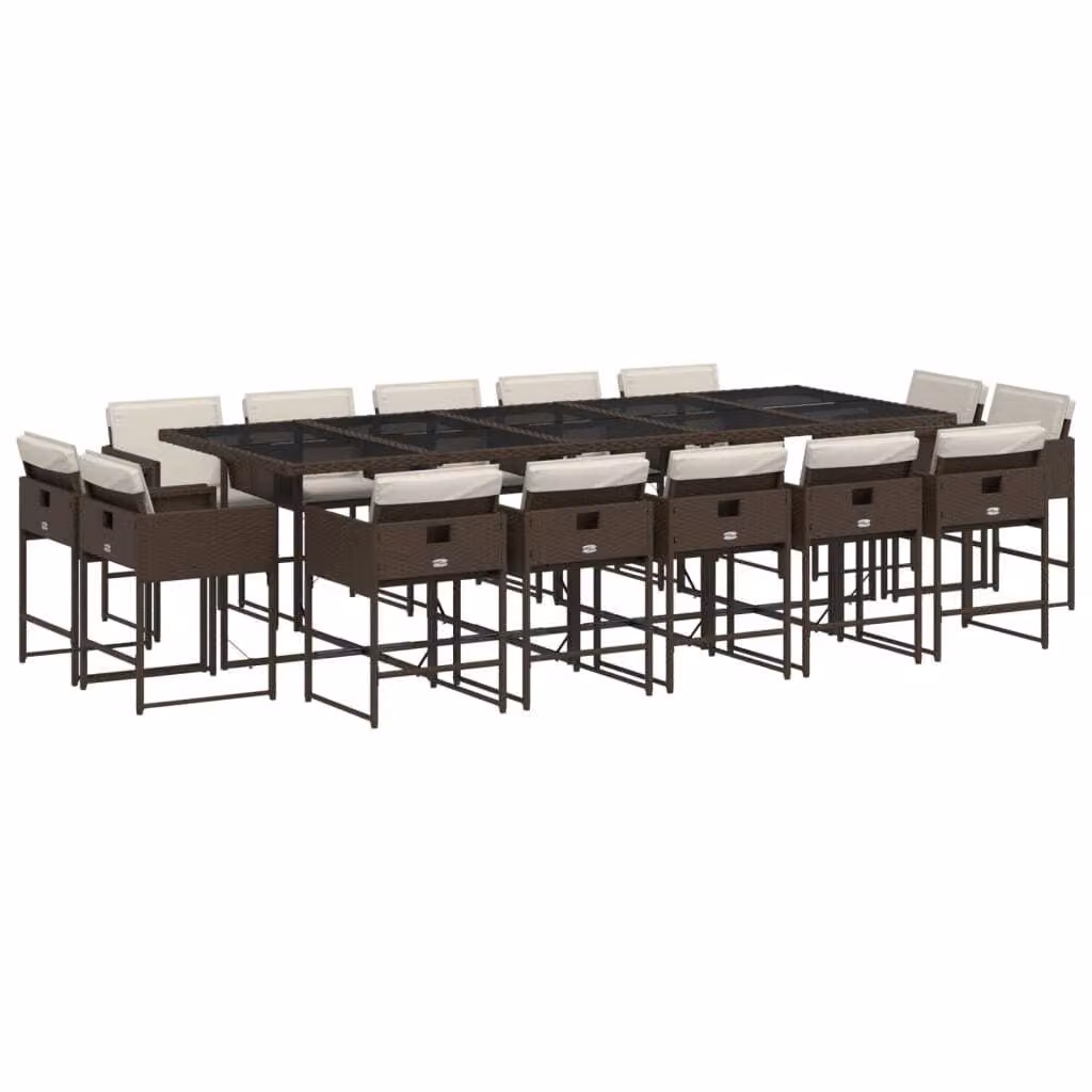 Set da Pranzo da Giardino 15 pz con Cuscini Marrone Polyrattan