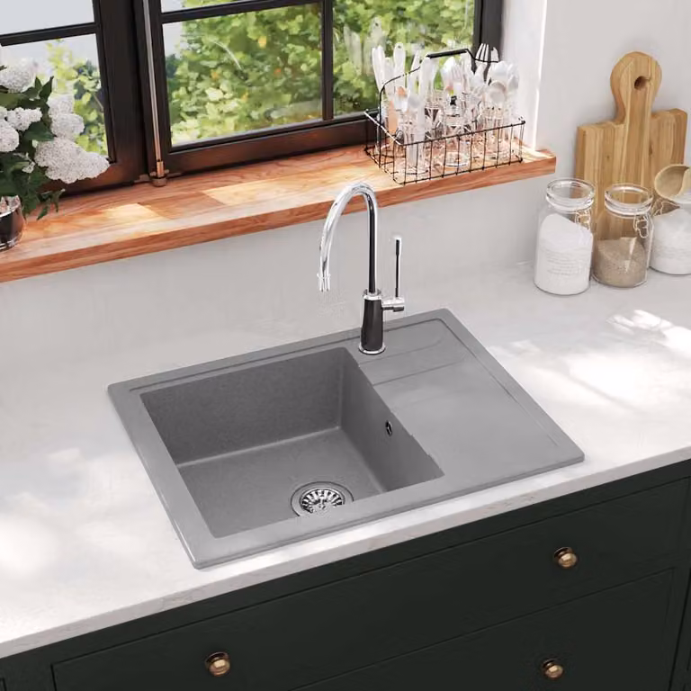 Lavello da Cucina vidaXL in Granito Grigio con Foro Troppopieno Ovale L/P/H: 58,0 x 44,0 x 16,4 cm