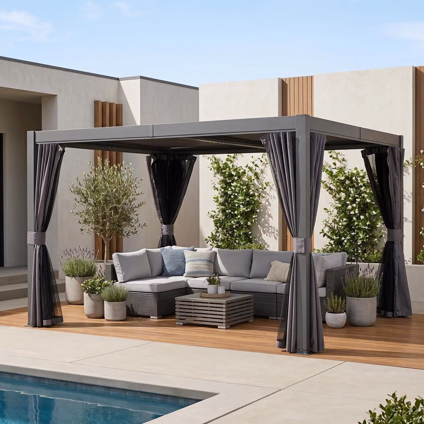 Padiglione di 3m x 3,6m, alluminio grigio, impermeabile, tetto a lamelle, sistema di drenaggio, zanzariera, tende