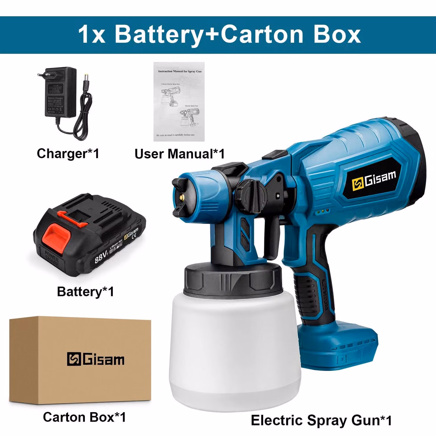 Pistola a spruzzo a batteria - Sistema di verniciatura HVLP - Serbatoio da 1000 ml - Ugello da 1,8 mm - Include 1 batteria da 18 V - Pistola portatile - Spina europea - Colore blu