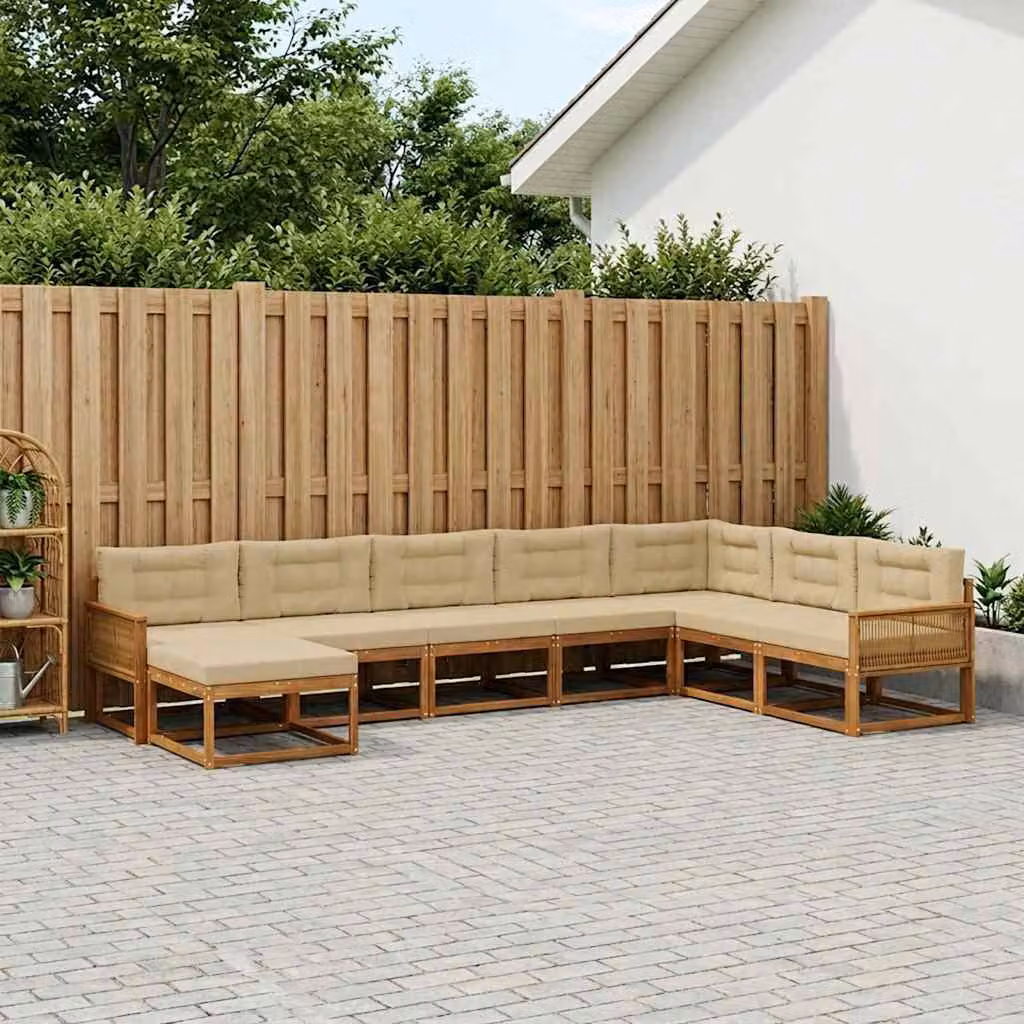 vidaXL Set di divani da esterno a L in legno di acacia con pouf e cuscini, Beige e Marrone