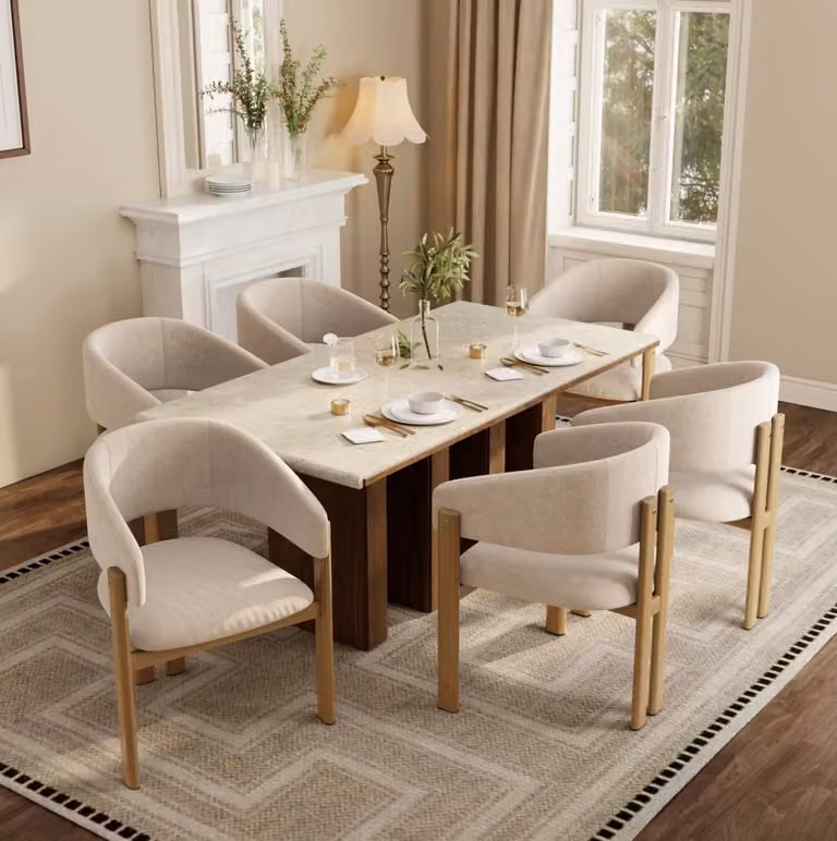 Set di 6 sedie con braccioli MODFU in metallo effetto legno e tessuto lino beige in stile scandinavo